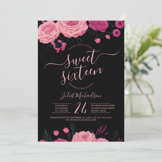 ピンクかわいらしのバラフローラブラックスウィート16 招待状 (スタンド正面)