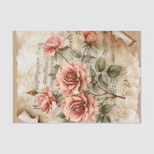 ピンクかわいらしのバラヴィンテージ楽譜シートphemera 薄葉紙 (正面)