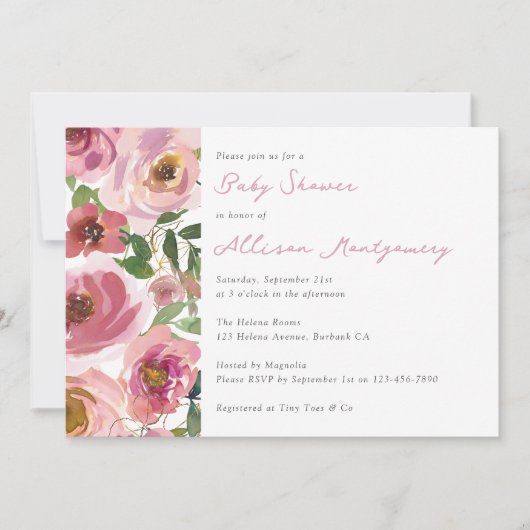 ピンクかわいらしのバラ赤ちゃんシャワー 招待状 (正面)