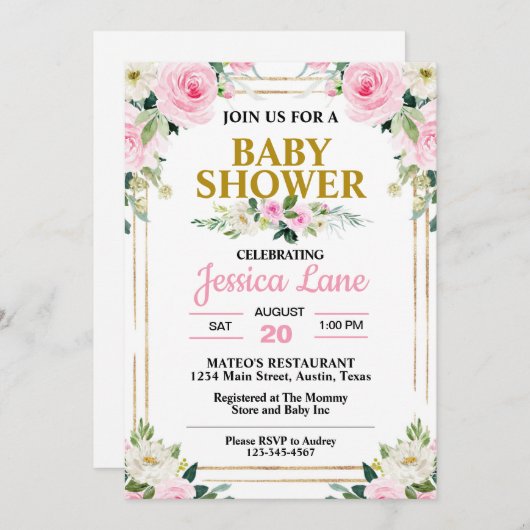 ピンクかわいらしのバラ赤ちゃんシャワー 招待状 (正面/裏面)
