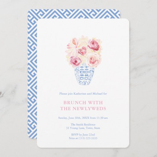 ピンクかわいらしのバラ青と白の新婚ブランチ 招待状 (正面/裏面)