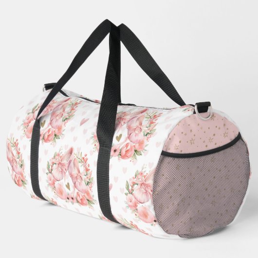 ピンクかわいらしのバレエつま先の靴と花 ダッフルバッグ (右コーナー)