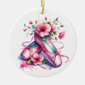 ピンクかわいらしのバレエ靴と花パーソナライズされた セラミックオーナメント (正面)