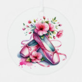 ピンクかわいらしのバレエ靴と花パーソナライズされた メタルオーナメント (正面)
