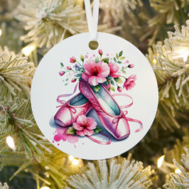 ピンクかわいらしのバレエ靴と花パーソナライズされた メタルオーナメント