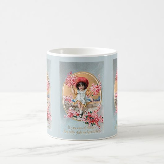 ピンクかわいらしのバレンタインの花を飾ったヴィンテージ コーヒーマグカップ (中央)