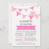 ピンクかわいらしのバンティンフクロウ双子の女の子ベビーシャワー 招待状 (正面)