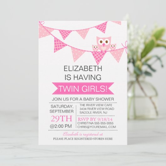 ピンクかわいらしのバンティンフクロウ双子の女の子ベビーシャワー 招待状 (スタンド正面)