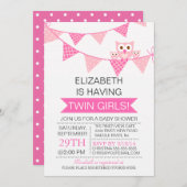 ピンクかわいらしのバンティンフクロウ双子の女の子ベビーシャワー 招待状 (正面/裏面)