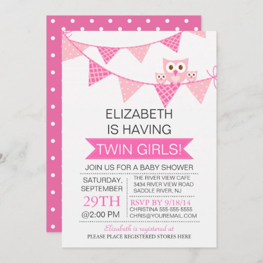 ピンクかわいらしのバンティンフクロウ双子の女の子ベビーシャワー 招待状 (正面/裏面)
