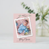 ピンクかわいらしのフレームで写真の誕生のお知らせ ポストカード (スタンド正面)