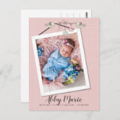 ピンクかわいらしのフレームで写真の誕生のお知らせ ポストカード (正面/裏面)