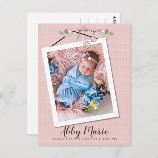 ピンクかわいらしのフレームで写真の誕生のお知らせ ポストカード (正面/裏面)