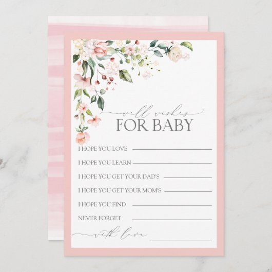ピンクかわいらしのフローラスクリプト赤ちゃんシャワーの願い アドバイスカード (正面/裏面)