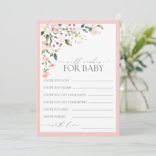 ピンクかわいらしのフローラスクリプト赤ちゃんシャワーの願い アドバイスカード (スタンド正面)