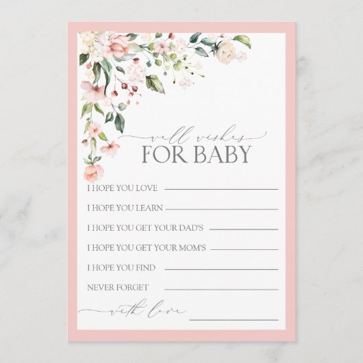 ピンクかわいらしのフローラスクリプト赤ちゃんシャワーの願い アドバイスカード (正面)