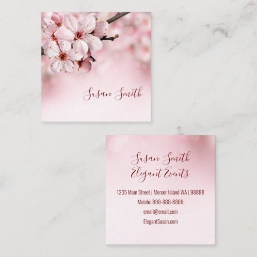 ピンクかわいらしのフローラスクリプフェミニンさくらんぼの花 スクエア名刺 (正面/裏面)