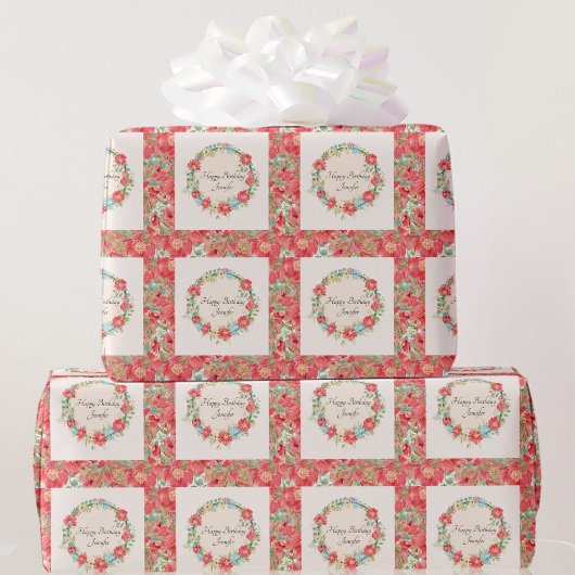 ピンクかわいらしのフローラハッピーバースデーの名前の追加 ラッピングペーパー