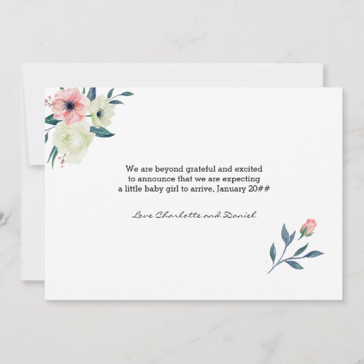ピンクかわいらしのフローラ手紙の妊娠の発表 招待状 (裏面)