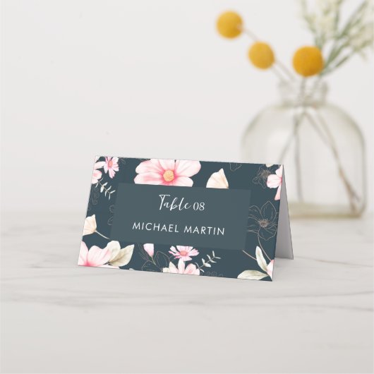 ピンクかわいらしのフローラ結婚のテーブルブルー プレイスカード (正面)