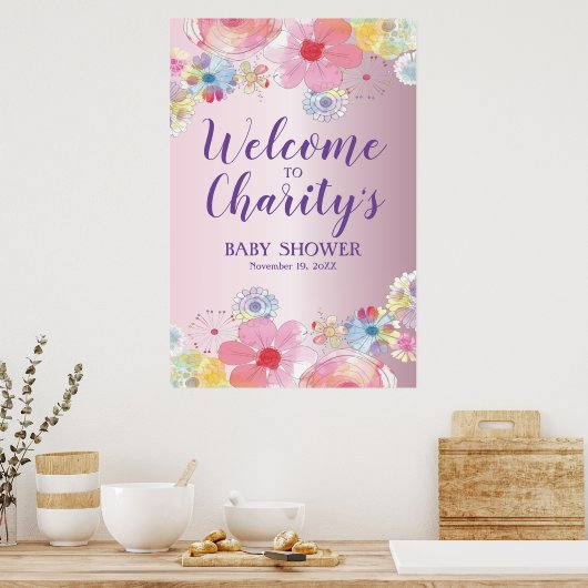 ピンクかわいらしのフローラ赤ちゃんシャワー ポスター (キッチン)