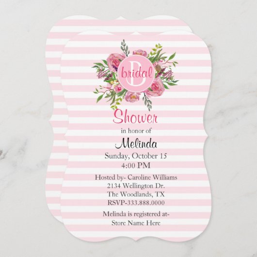 ピンクかわいらしのブストライプのライダルシャワー招待 招待状 (正面/裏面)