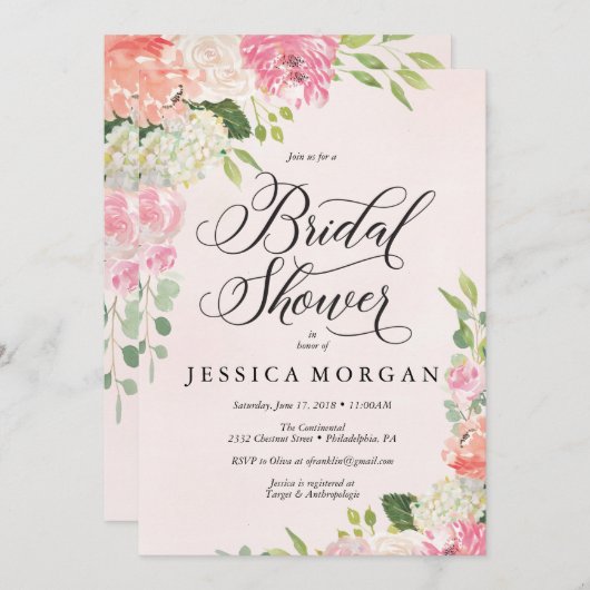 ピンクかわいらしのブライダルシャワー招待カード 招待状 (正面/裏面)