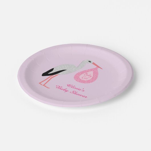 ピンクかわいらしのベビーガールストークベビーシャワーカスタム ペーパープレート (アングル)