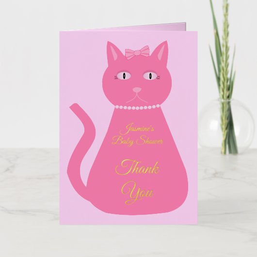 ピンクかわいらしのベビーガール猫カスタム赤ちゃんシャワー 箔グリーティングカード (正面)