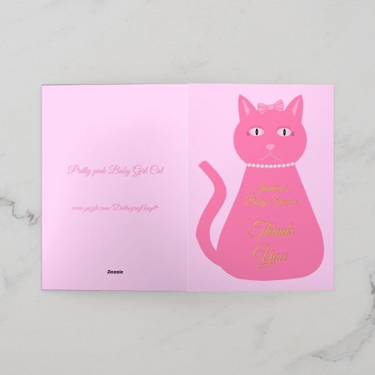 ピンクかわいらしのベビーガール猫カスタム赤ちゃんシャワー 箔グリーティングカード (外側レイダウン)