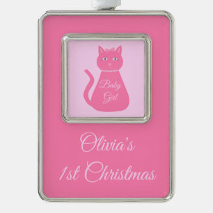 ピンクかわいらしのベビーガール猫カスタム1stクリスマス シルバープレートフレームオーナメント