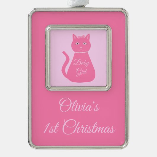 ピンクかわいらしのベビーガール猫カスタム1stクリスマス シルバープレートフレームオーナメント (正面)