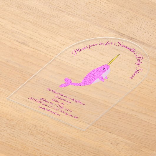 ピンクかわいらしのベビーガールNARWHALカスタムベビーシャワー アクリル招待状 (レイダウン)