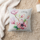 ピンクかわいらしのマグノリアフローラグストライプレイと名前 クッション (ブランケット)