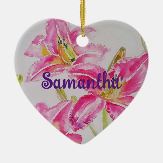 ピンクかわいらしのユリの水彩アートフラワー セラミックオーナメント (正面)