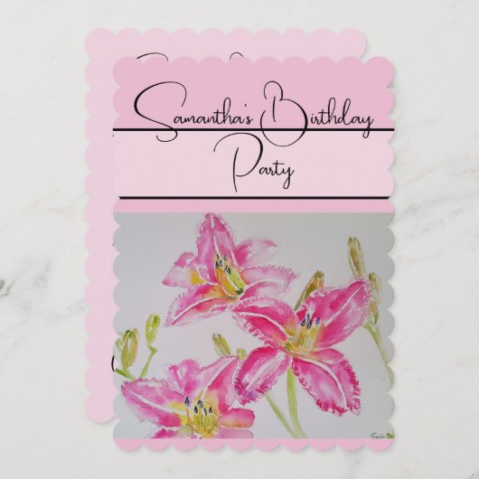 ピンクかわいらしのユリの水彩フローラ花ユリ 招待状 (正面/裏面)