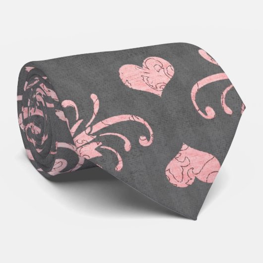 ピンクかわいらしのロマンチックなハートのヴィンテージ灰色の上にダマスク ネクタイ (ロール)
