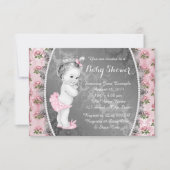 ピンクかわいらしのローズピンクとグレーの赤ちゃんシャワー 招待状 (正面)