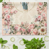 ピンクかわいらしのローズフローラガーディアンジェル キッチンタオル (折り畳み)