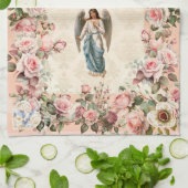 ピンクかわいらしのローズフローラガーディアンジェル キッチンタオル (折り畳み)