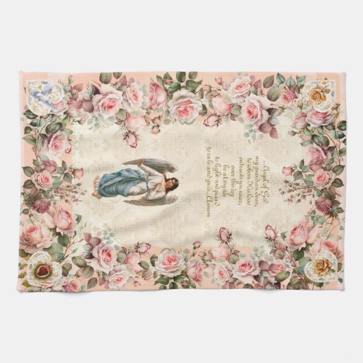 ピンクかわいらしのローズフローラガーディアンジェル キッチンタオル (横)