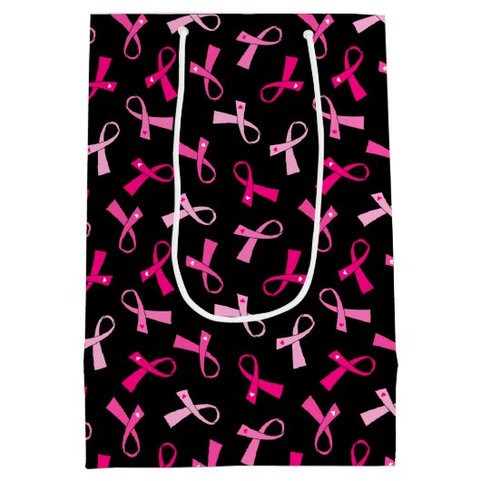 ピンクかわいらしの乳数々のがんリボンパターン ミディアムペーパーバッグ (裏面)