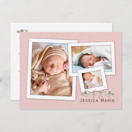 ピンクかわいらしの写真で誕生のお知らせ ポストカード (正面/裏面)