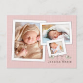 ピンクかわいらしの写真で誕生のお知らせ ポストカード (正面)