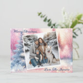 ピンクかわいらしの冬のワンダーランド写真クリスマス シーズンカード (スタンド正面)