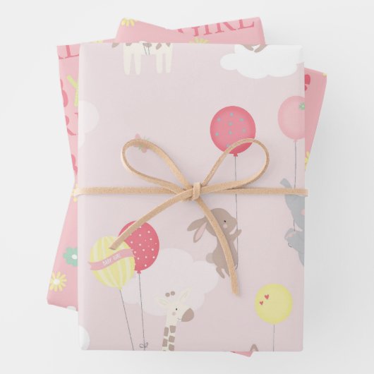 ピンクかわいらしの動物の赤ちゃんシャワーミックスとマッチ ラッピングペーパーシート (インサイチュ)