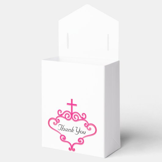 ピンクかわいらしの十字架とスクロールのカスタマイズ可能な洗礼 フェイバーボックス (オープン)