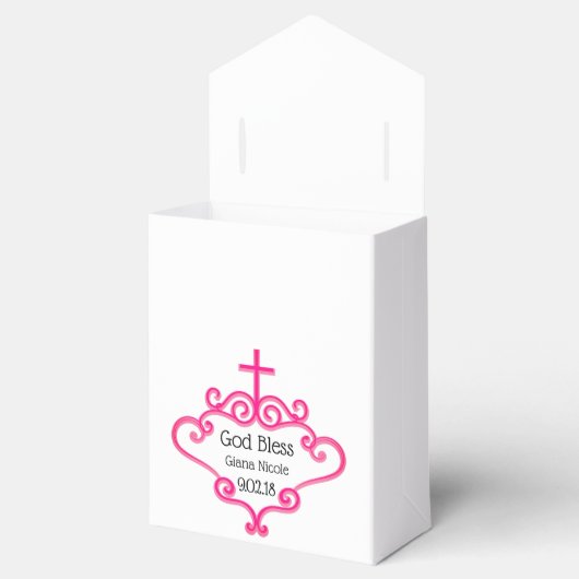 ピンクかわいらしの十字架とスクロールのカスタマイズ可能な洗礼 フェイバーボックス (オープン)