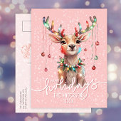 ピンクかわいらしの夢のトナカイとクリスマスライト ポストカード