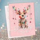 ピンクかわいらしの夢のトナカイとクリスマスライト ポストカード
